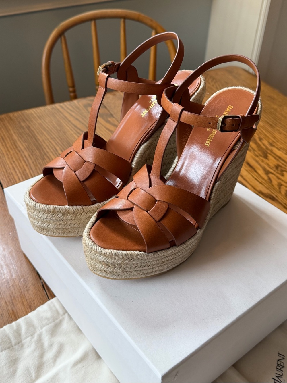 SAINT LAURENT Brown Leather Tribute Espadrille Wedge Sandal